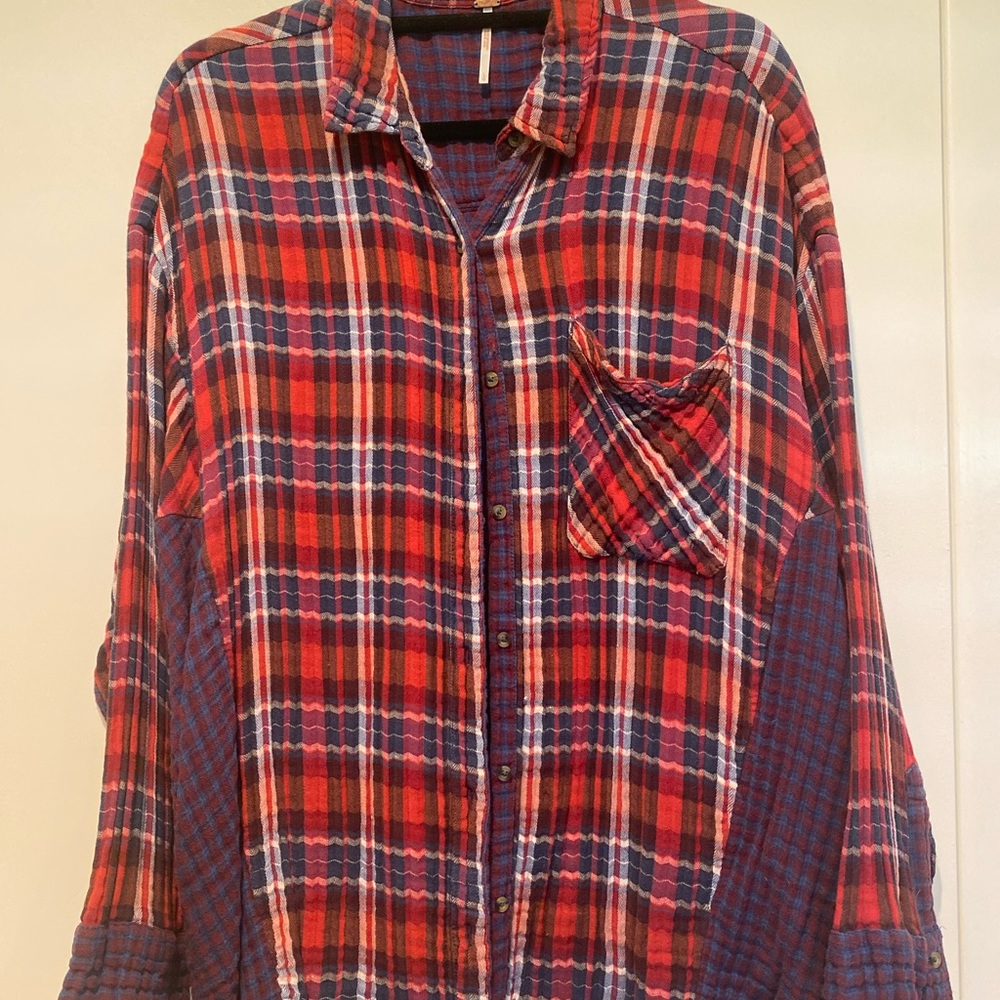 MOVING SALE Free People red and purple plaid oversized button down blouse